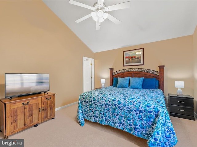 bedroom with light colored carpet, high vaulted ceiling, and ceiling fan