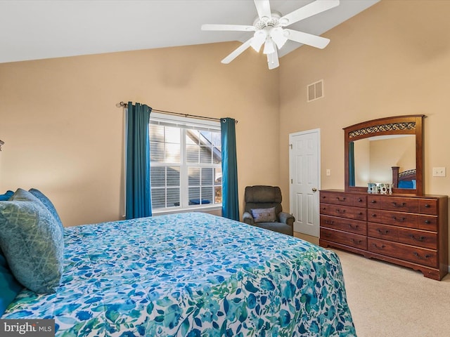 bedroom featuring carpet flooring, ceiling fan, and high vaulted ceiling