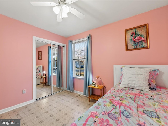 bedroom featuring ceiling fan and a closet