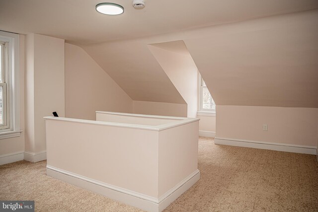 additional living space with light colored carpet and lofted ceiling