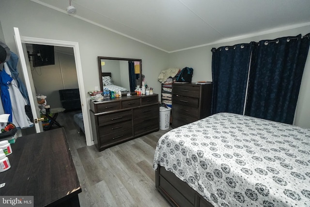 bedroom featuring light wood-type flooring, a closet, and lofted ceiling