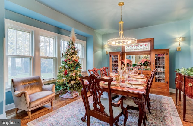 dining room with hardwood / wood-style floors and a chandelier