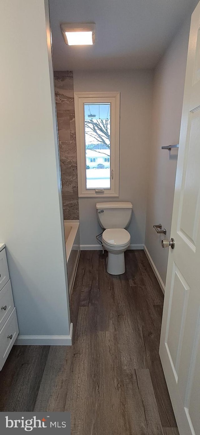 full bathroom with vanity, wood-type flooring, separate shower and tub, and toilet