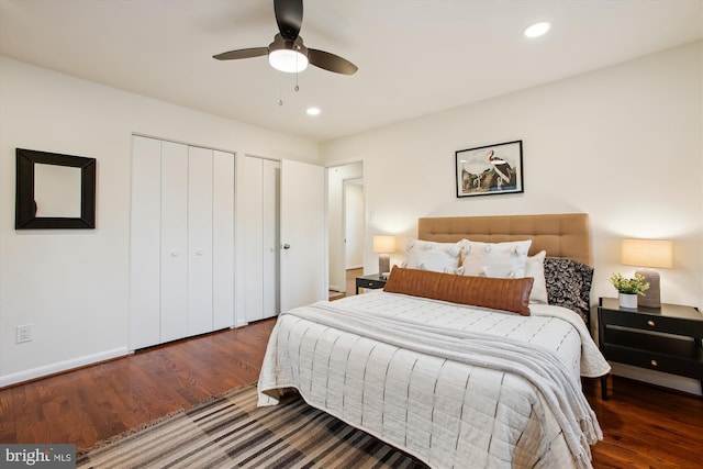 bedroom featuring ceiling fan, dark hardwood / wood-style flooring, and two closets