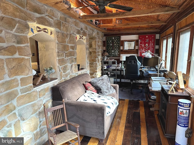 office space with dark hardwood / wood-style floors, beam ceiling, wooden ceiling, and ceiling fan