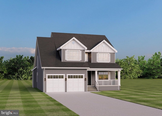 view of front facade featuring covered porch, a front yard, and a garage