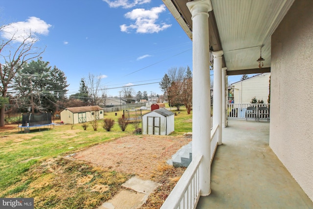 view of yard with a trampoline and a storage shed