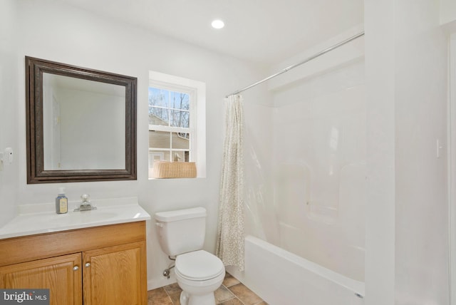 full bathroom with vanity, toilet, and shower / bathtub combination with curtain