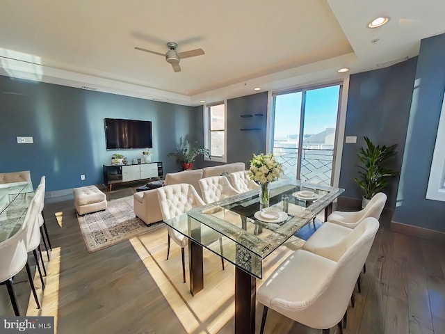 dining space with hardwood / wood-style flooring, ceiling fan, and a tray ceiling