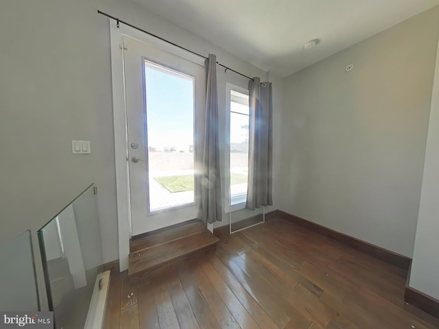 doorway with dark wood-type flooring