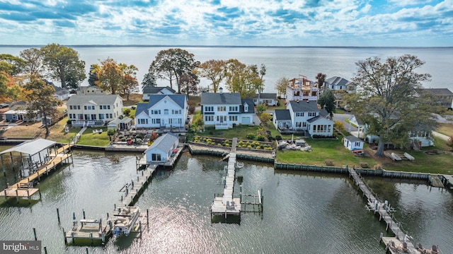 drone / aerial view featuring a water view