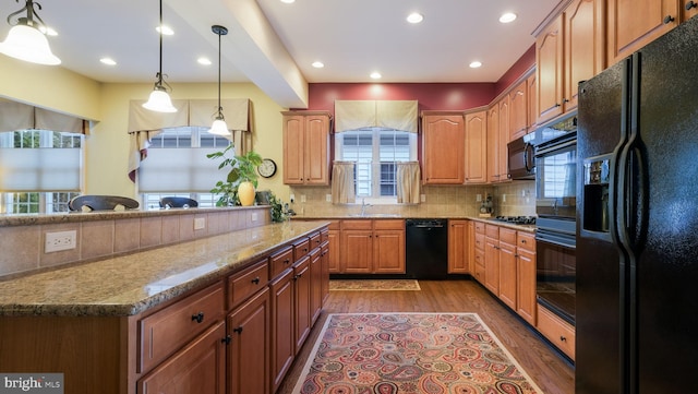 kitchen with backsplash, a healthy amount of sunlight, black appliances, and decorative light fixtures