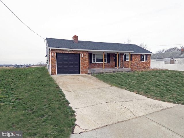 ranch-style home featuring a porch, a garage, and a front lawn