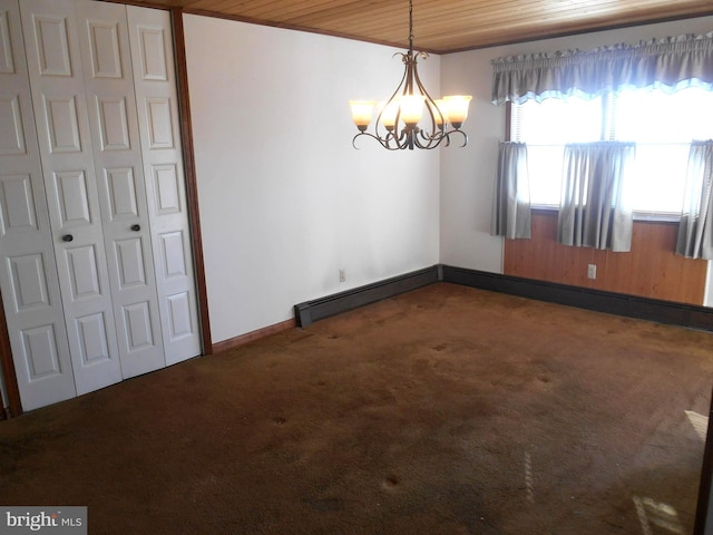 unfurnished dining area with a chandelier, carpet flooring, wood ceiling, and baseboards