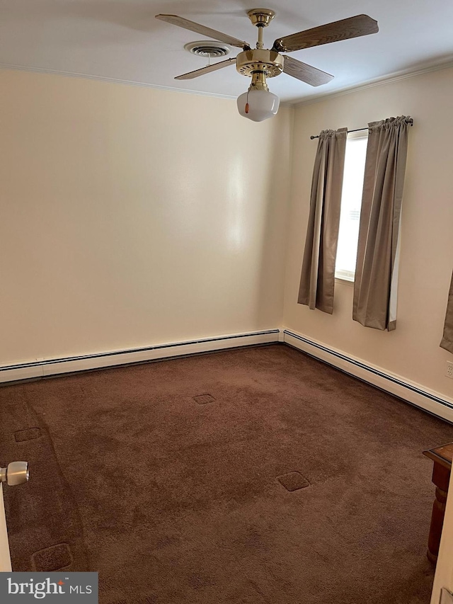 unfurnished room featuring a baseboard heating unit, carpet, visible vents, and ceiling fan