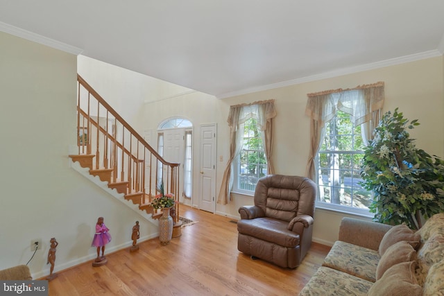 living room featuring light hardwood / wood-style floors, plenty of natural light, and crown molding