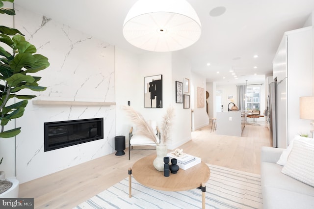 living room featuring light wood-type flooring and a high end fireplace