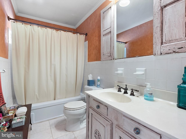 full bathroom with tile walls, vanity, ornamental molding, toilet, and shower / bath combo with shower curtain