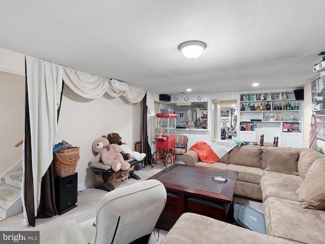 living room with light colored carpet