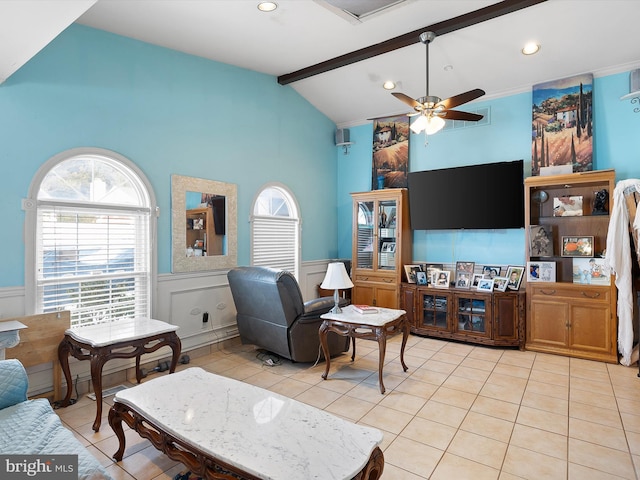 living room featuring beamed ceiling, ceiling fan, light tile patterned flooring, and high vaulted ceiling