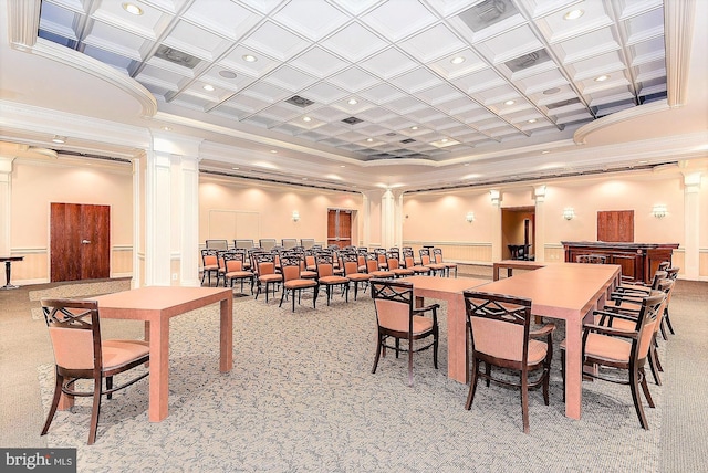 carpeted dining room featuring decorative columns, crown molding, and coffered ceiling