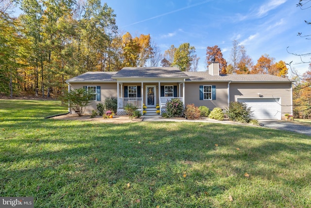 single story home featuring a front lawn, a porch, and a garage