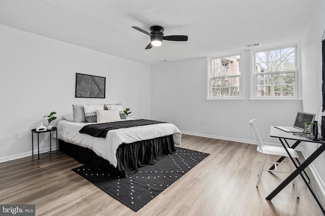 bedroom with hardwood / wood-style flooring and ceiling fan