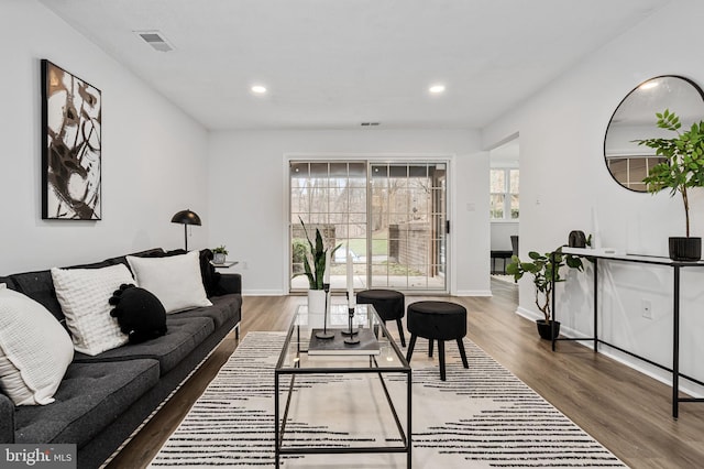 living room with dark hardwood / wood-style flooring