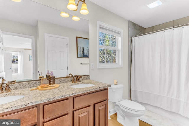 bathroom with vanity, a notable chandelier, and toilet