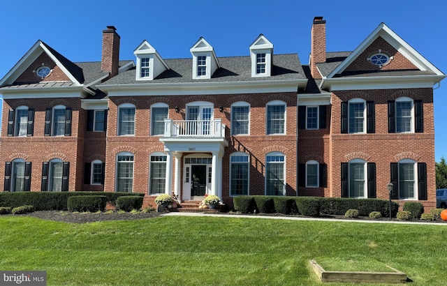 view of front facade featuring a balcony and a front lawn