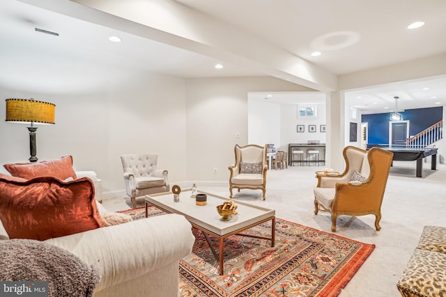 living room featuring light colored carpet