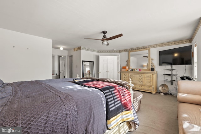 bedroom featuring ceiling fan and carpet flooring