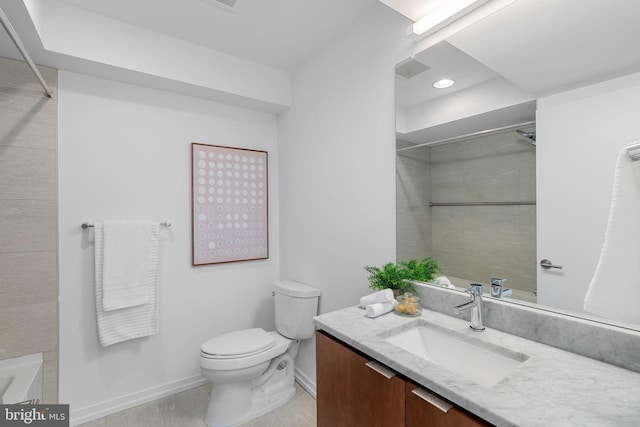 full bathroom featuring vanity, toilet, and separate shower and tub