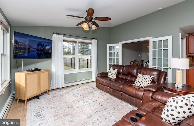 living room with ceiling fan, a baseboard radiator, and vaulted ceiling