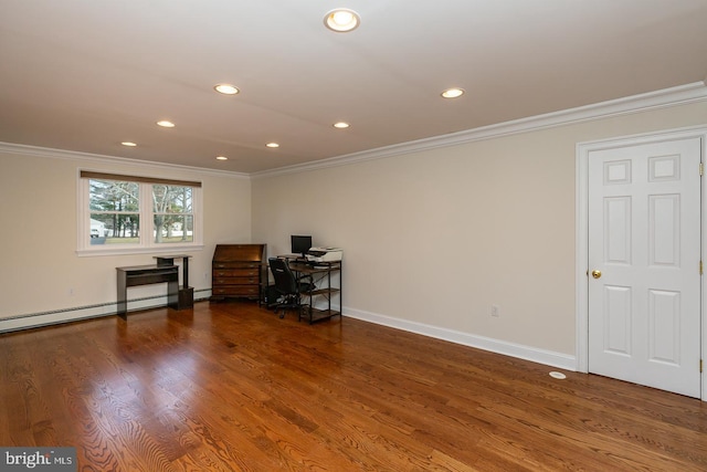 office space featuring baseboard heating, crown molding, and wood-type flooring