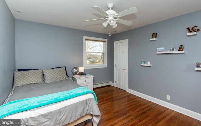 bedroom featuring ceiling fan, dark hardwood / wood-style floors, and a baseboard heating unit