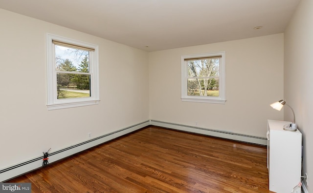 unfurnished room with dark hardwood / wood-style floors and a baseboard radiator