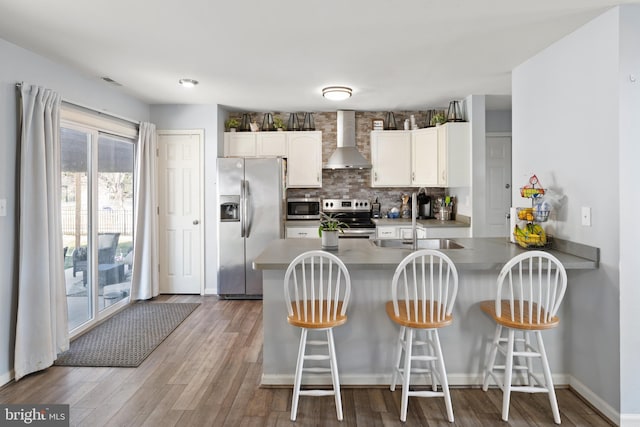 kitchen with wall chimney exhaust hood, a kitchen breakfast bar, kitchen peninsula, white cabinets, and appliances with stainless steel finishes