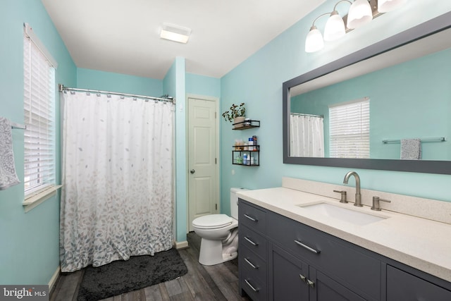 bathroom featuring vanity, wood-type flooring, and toilet