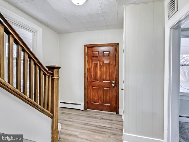 foyer featuring light wood-type flooring and a baseboard radiator