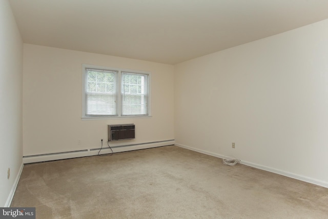 empty room with light colored carpet, a wall mounted air conditioner, and a baseboard heating unit