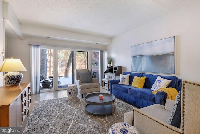 living room with a textured ceiling and hardwood / wood-style floors