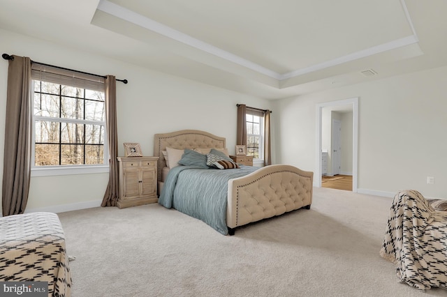 carpeted bedroom with a raised ceiling and multiple windows