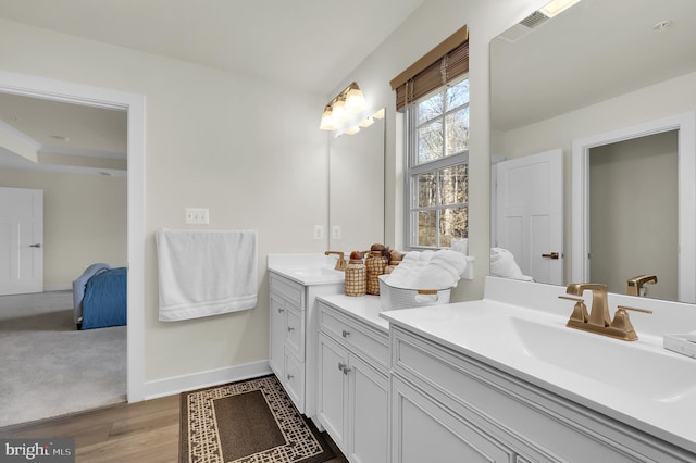 bathroom with wood-type flooring and vanity