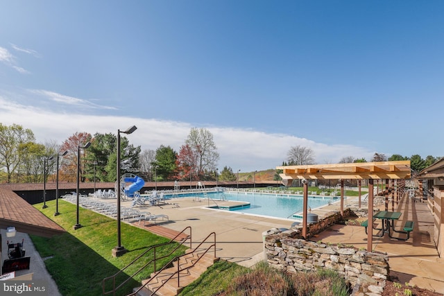 view of swimming pool with a patio area and a lawn