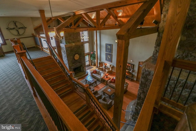 interior space with carpet flooring and lofted ceiling