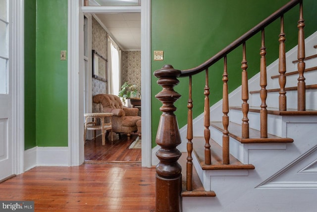 stairway featuring hardwood / wood-style flooring