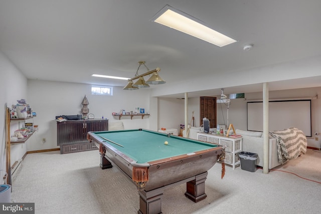 game room featuring pool table and light colored carpet