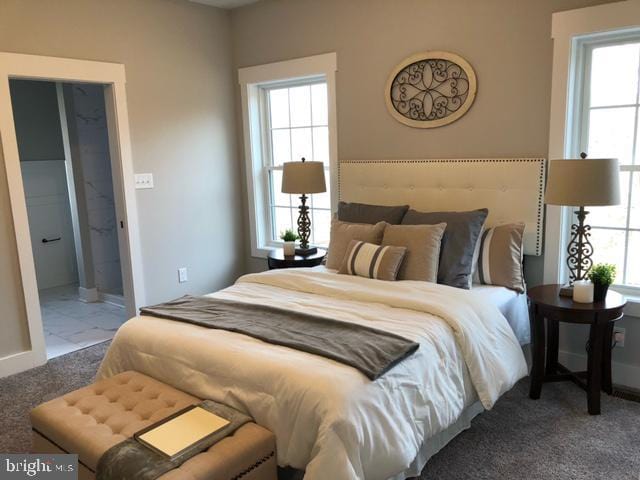 carpeted bedroom with connected bathroom and multiple windows