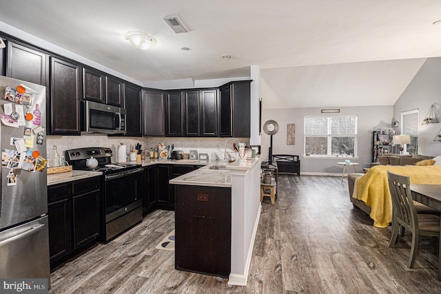 kitchen featuring tasteful backsplash, stainless steel appliances, sink, hardwood / wood-style flooring, and lofted ceiling